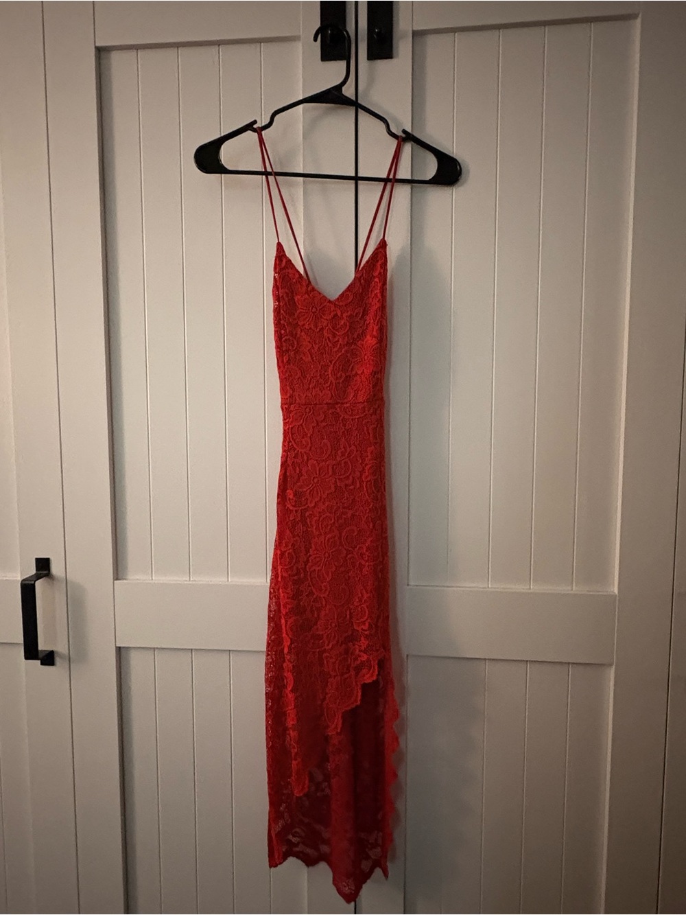 Red Lace High-Low Slip Dress with Double Spaghetti Straps